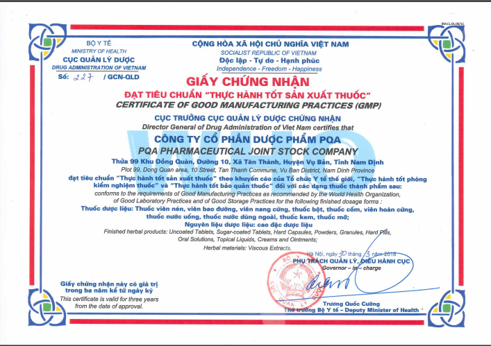 Ảnh giấy chứng nhận GMP cho đơn vị chế biến dược phẩm