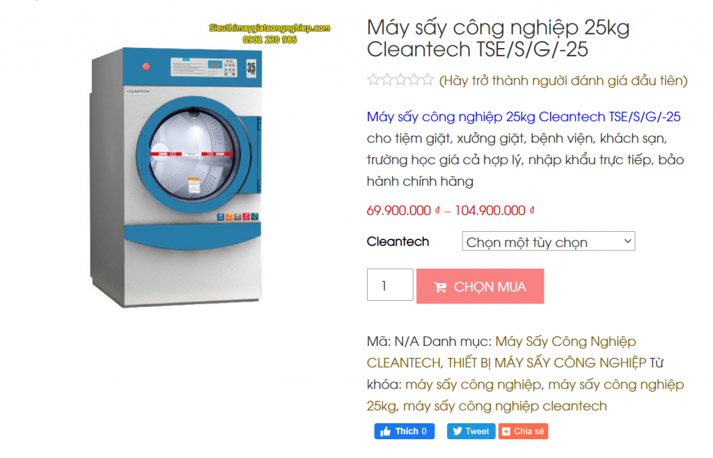 Máy sấy công nghiệp 25kg Cleantech TSE/S/G/-25 cho tiệm giặt 69.900.000 ₫ – 104.900.000 ₫