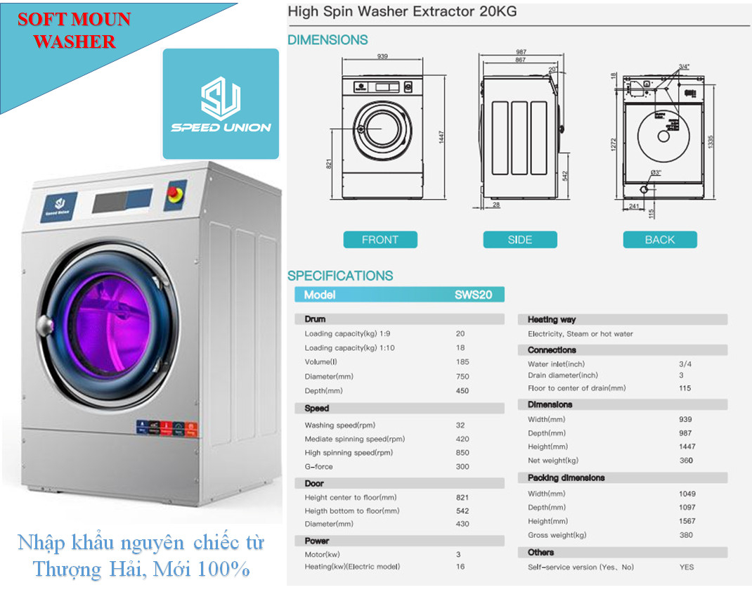 Thông số máy giặt công nghiệp lồng treo 20kg Speed Union