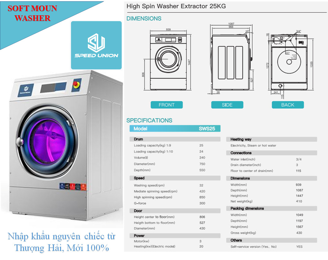 Thông số máy giặt công nghiệp lồng treo 25kg Speed Union