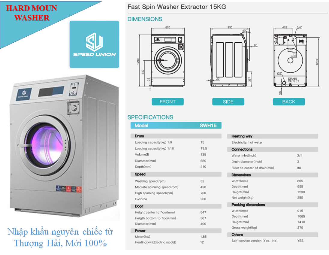 Thông số máy giặt công nghiệp lồng cứng 15kg Speed Union