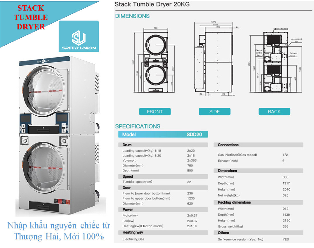 Thông số máy sấy công nghiệp chồng tầng 20kg Speed Union