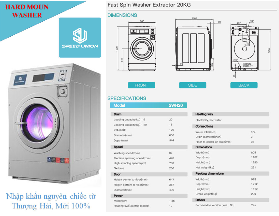 Thông số máy giặt công nghiệp lồng cứng 20kg Speed Union