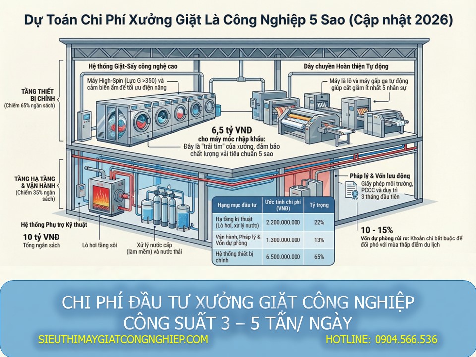 Chi phí đầu tư xưởng giặt công nghiệp 3 - 5 tấn/ ngày