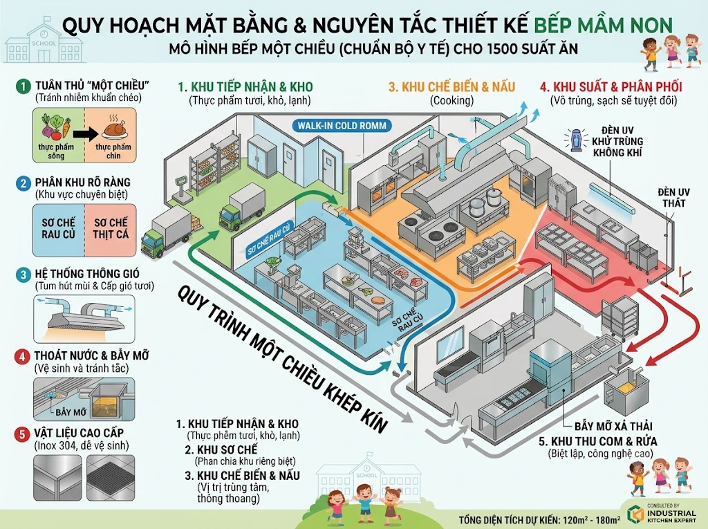 Quy trình hệ thống bếp 1 chiều trong trường mầm non đạt chuẩn