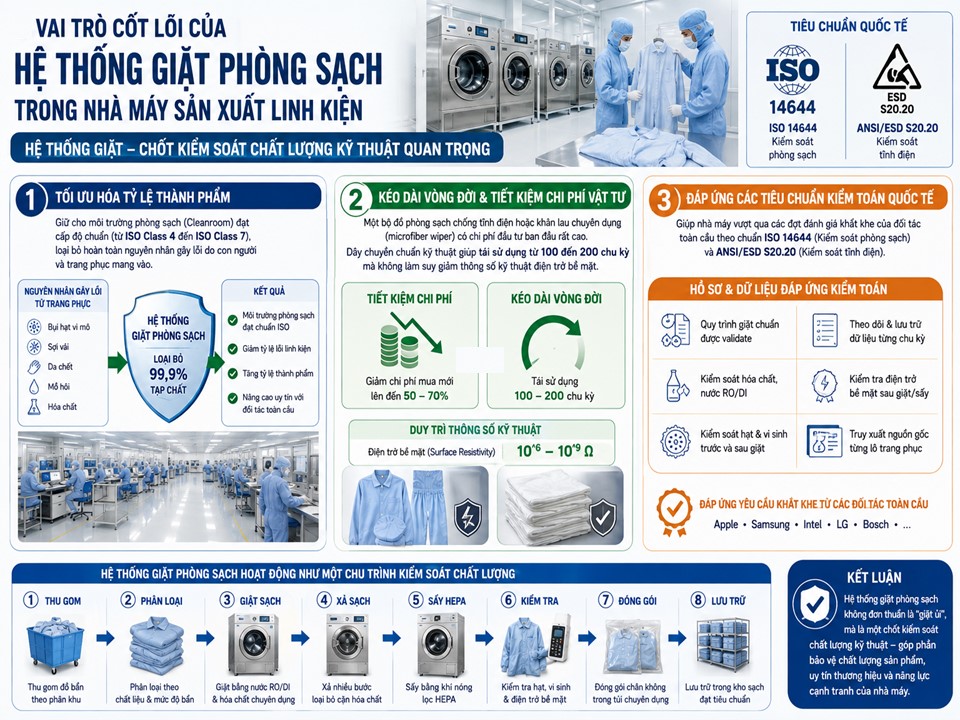 Vai trò của hệ thống giặt phòng sạch trong nhà máy điện tử