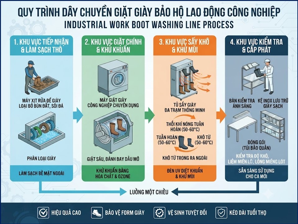 Quy trình giặt giày bảo hộ lao động trong nhà máy