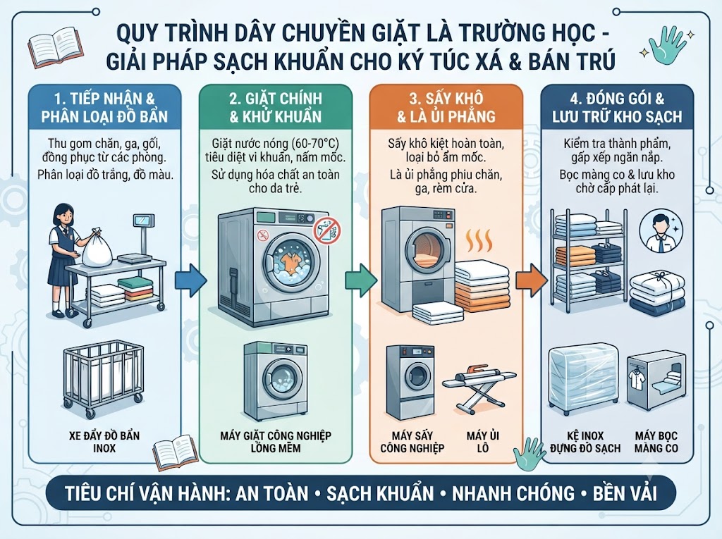 Quy trình vận hành hệ thống giặt công nghiệp cho trường học