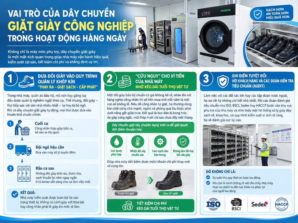 Vai trò của hệ thống giặt giày công nghiệp trong nhà máy